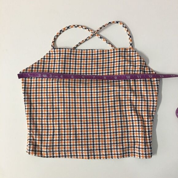 Diosa NWOT White|Black|Orange Houndstooth Square-Neck Cross-Back Crop Top Sz S - Picture 6 of 7